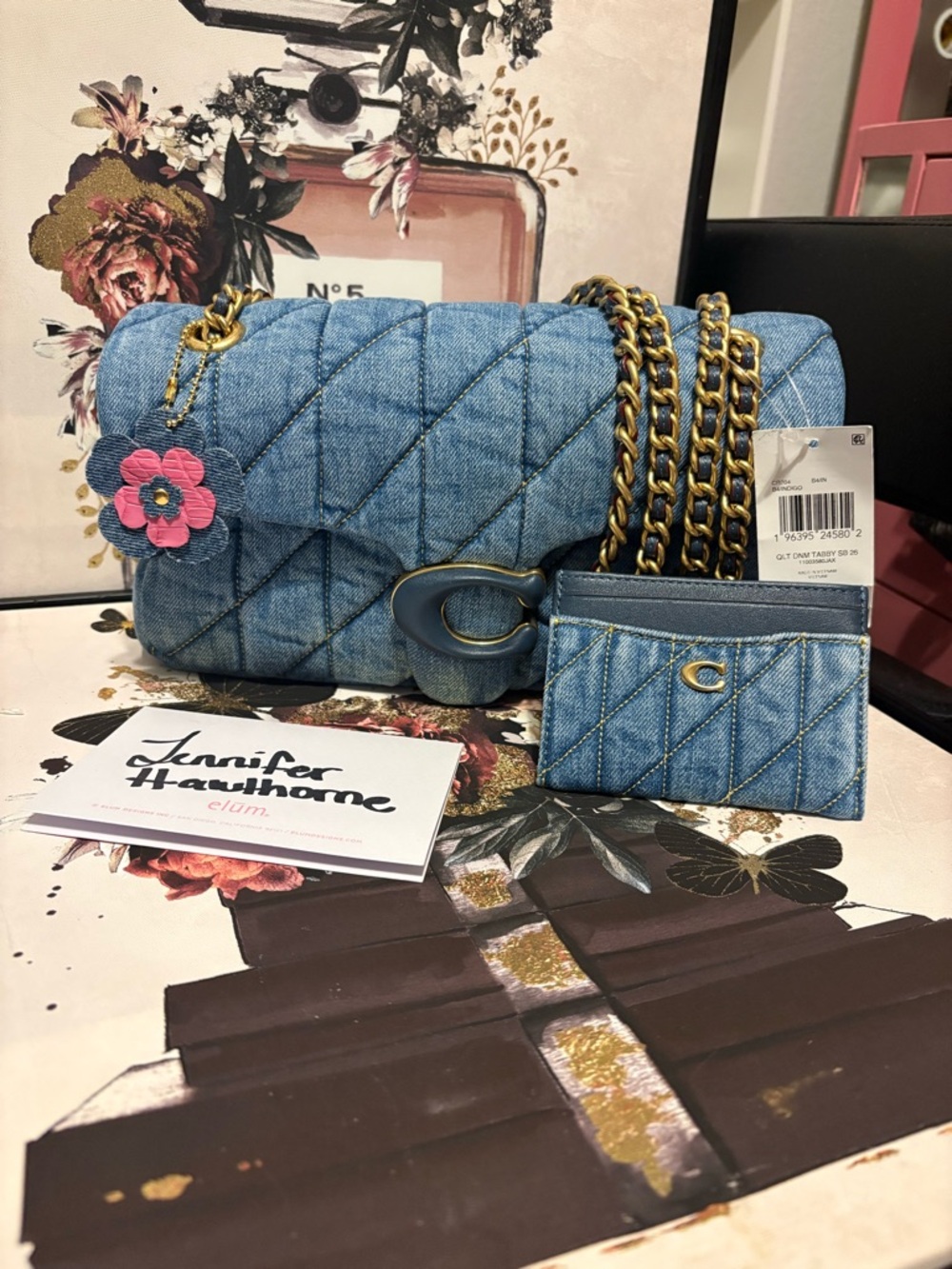 Bnwt coach tabby Quilted Denim Shoulder Bag with Chain Strap - Blue card holder